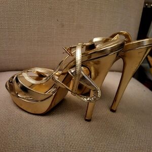 Gold Strappy heels stilettos by Bakers
